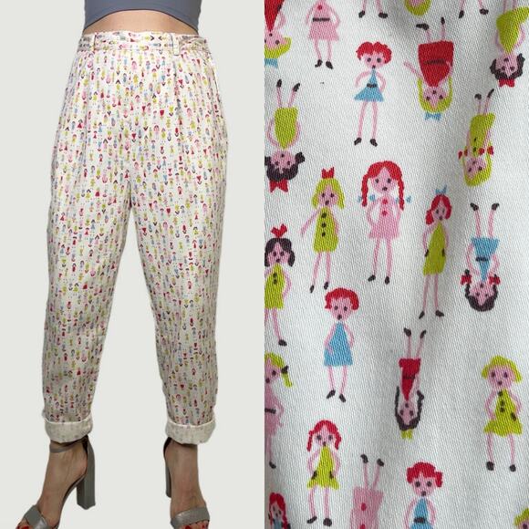 Vintage 80s 90s Banana Republic girl doll print trouser pants high rise cotton L - Picture 1 of 15